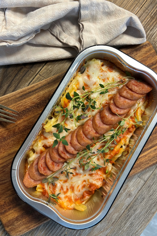 Pastaret med bacon-ragú og chorizo