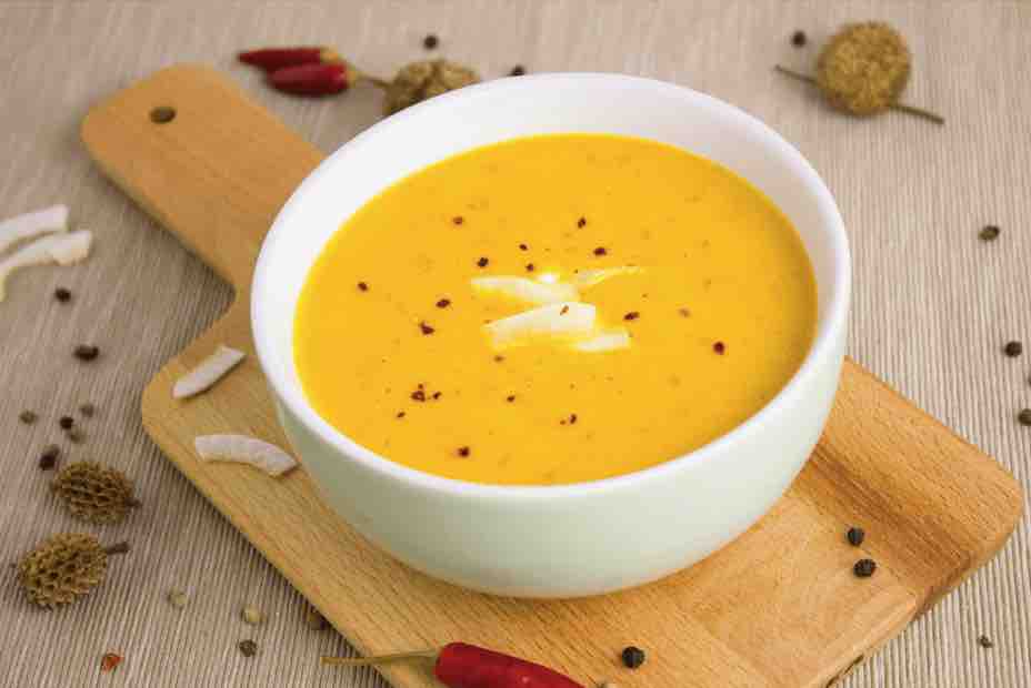 Hokkadio græskar suppe, creme fraiche, græskarkerner, flutes